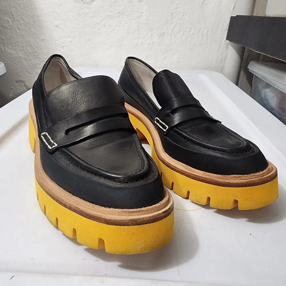 Anthropologie Oncept Platform Leather Heeled Loafers Black Yellow Womens US 9